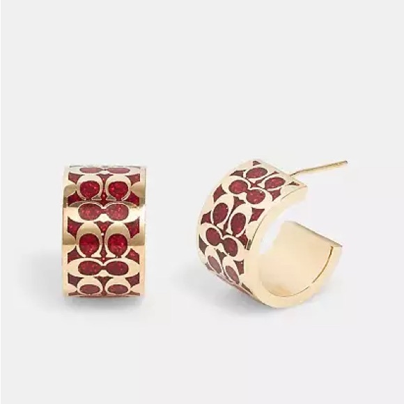 Coach Jewelry - Coach Signature Enamel Huggie Earrings in Gold & Red Glitter